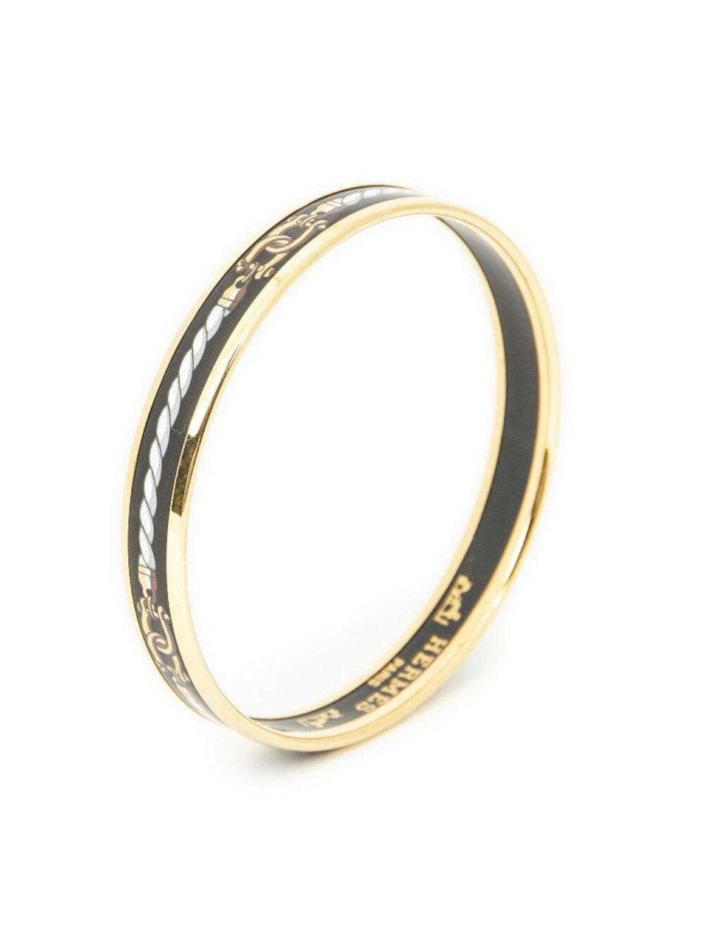 Hermes Enamel Bangle Black White Rope and Chain Motif Bracelet